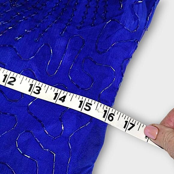 VTG Denise Elle Formal Gown‎ Sz Medium Blue Silk Beaded 80s Maxi Mermaid Glam - Picture 11 of 16
